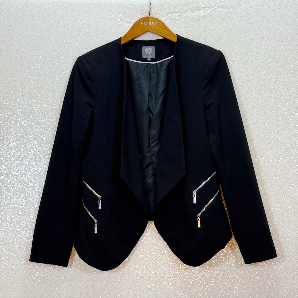 Vince Camuto Black Open Front Blazer Jacket Zip Pocket Career Work Office Womens - Picture 11 of 13
